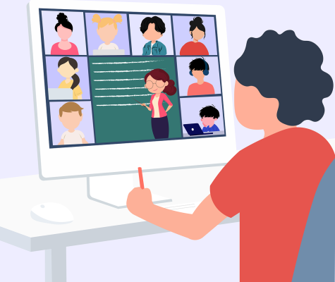 Person sat at computer desk. The screen shows a conference call