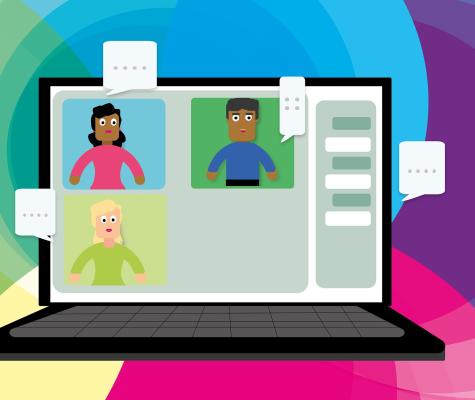 cartoon of an open laptop with several people on the screen in a conference call