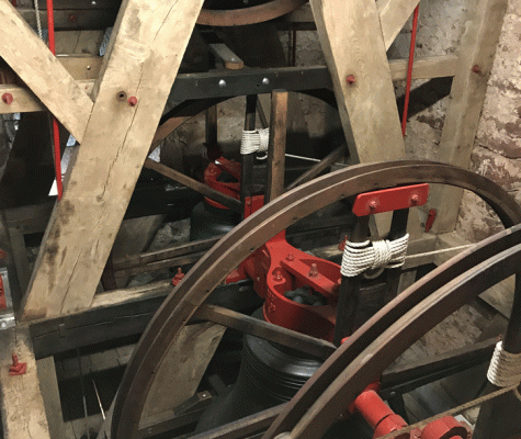 Bell frame showing ringing mechanism in church tower