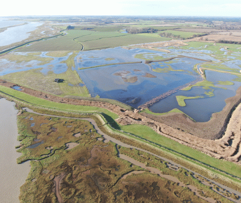 Aerial photo of the completed and flooded scrapes