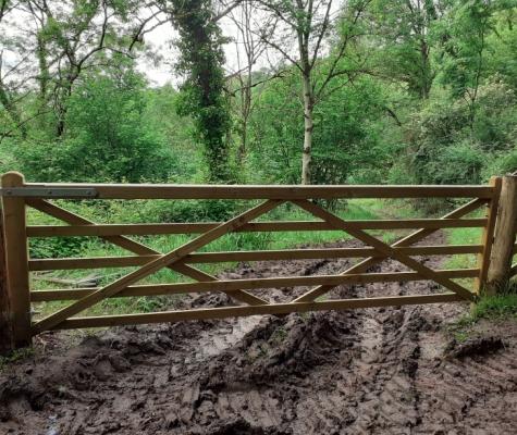 new livestock gate across a muddy woodland path